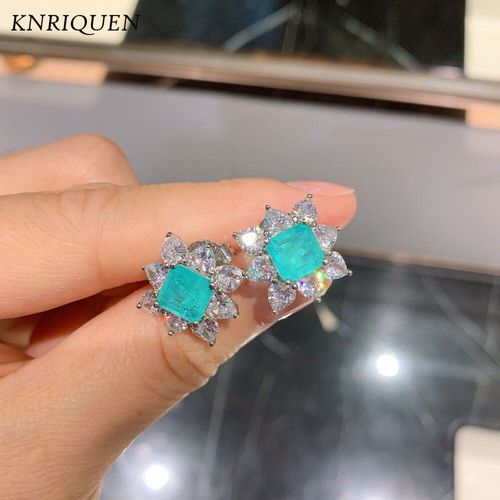 Boucles D'oreilles Vintage En Argent Sterling 925, 7x7mm, Paraiba, Tourmaline, Diamant, Pierres Précieuses De Laboratoire, Cadeau De Saint Valentin, Bijoux Pour Femmes