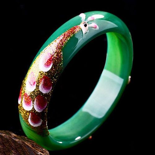 Bracelets En Jade Vert Naturel Pour Femmes, Bijoux Colorés, Dessin Paon Et Fleurs, Cadeau