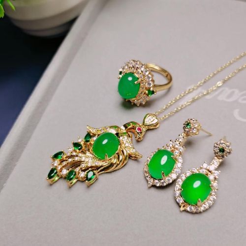 Boucles D'oreilles En Jade Vert Naturel Pour Femmes, Ensemble De Bijoux, Bague, Pendentif, Collier, Chrysoprase, Paon, Breloques, Calcédoine, Amulette, Cadeaux
