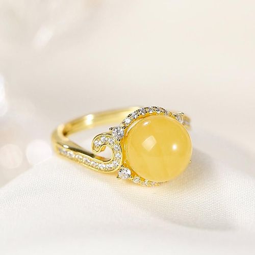 Bague En Ambre Naturel Pour Femmes, Argent Sterling 925 Plaqué Or, Zircon, Ajustable, En Cire D'abeille, Bijoux De Guérison Pour Petite Amie Et Maman