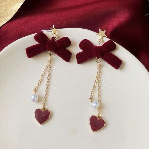 Boucles D'oreilles Longues À Pampilles Pour Femmes, N¿Ud Papillon Rouge, En Forme De C¿Ur, Perle, Boule Rouge, Bijoux De Noël, De Festival Et De Nouvel An