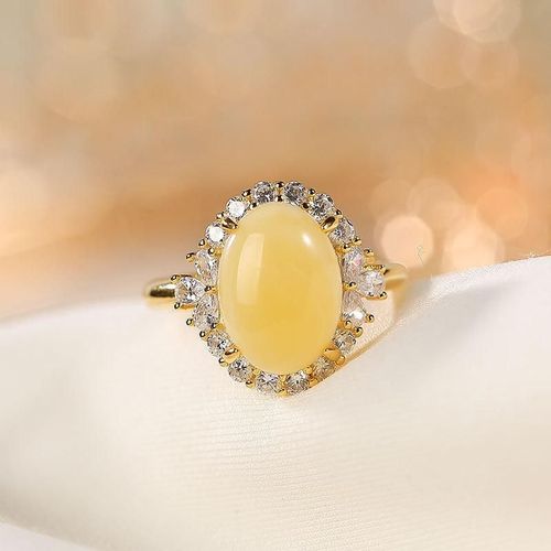 Bague En Ambre Naturel Pour Femmes, Argent Sterling 925 Plaqué Or Avec Zircon, Réglable, Fête De Mariage, Bagues En Cire D'abeille, Bijoux De Guérison