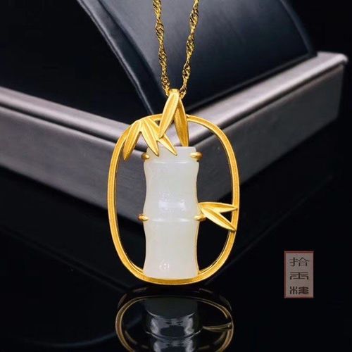 Collier Avec Pendentif En Jade Blanc Naturel Pour Femmes, En Or Sterling 925 Et En Argent Sterling Avec Gufakin En Bambou, Nouvelle Collection