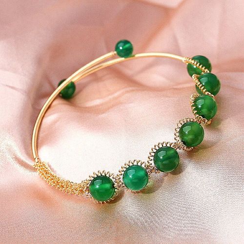 Bracelet En Calcédoine Verte Naturelle, Perle Ronde Sculptée À La Main, Bijoux Boutique De Mode, Bague En Agate Verte Pour Hommes Et Femmes, Cadeau