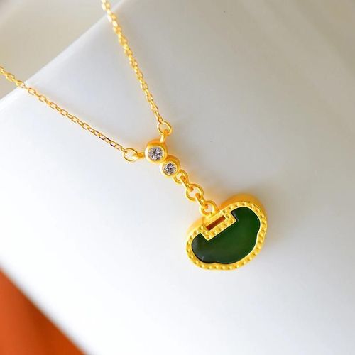 Collier En Jaspe Vert Hétian Naturel, Pendentif De Bonne V¿Ux, En Argent Sterling S925, Doré, Verrou De Sécurité, Collier Exquis