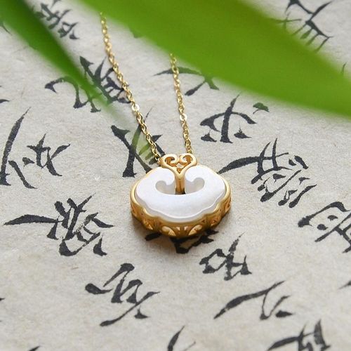 Collier En Jade Naturel Hetian Xiangyun Ruyi S925, Pendentif En Argent Pur, Antique, Doré