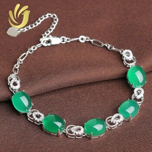 Bracelet En Jade Sculpté À La Main En Calcédoine Verte Naturelle Pour Femmes, Bijoux Boutique De Mode, Incrusté D'argent 925, Cadeau