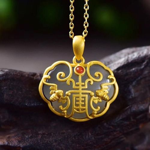 Pendentif En Or Épais De Style Ancien Fu Lu Shou, En Argent Sterling 925, Incrusté De Violet De Fumée Hétian Naturelle, Conservation Des Couleurs De L'image