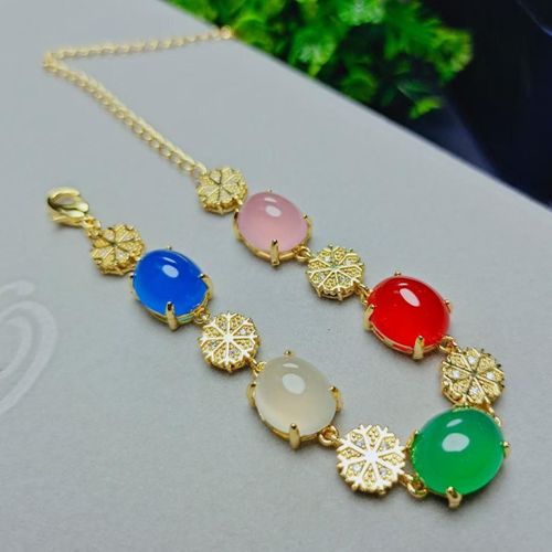 Bracelet En Jade Et Argent Naturel Pour Femmes, Bijoux Fins En Pierre De Jades Certifiée, Calcédoine Colorée