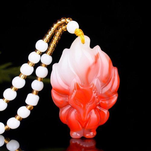 Collier Pendentif En Jade Naturel Rouge Blanc Avec Renard À Neuf Queues, Breloque Sculptée Chinoise, Bijoux, Accessoires, Amulette, Cadeaux Pour Femmes