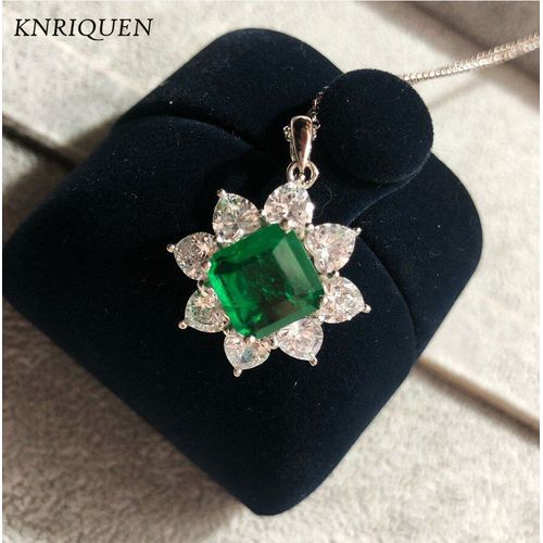 Collier Avec Pendentif En Pierre Émeraude Et Diamants À Haute Teneur En Carbone Pour Femmes, Bijoux Fins En Argent Sterling 925, 12x12mm, Cadeau, Vente En Gros