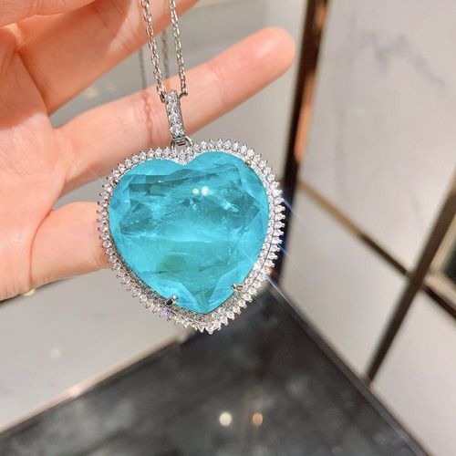 Collier Avec Pendentif En Pierre Précieuse Pour Femme, Pendentif En Forme De C¿Ur, Cristal Bleu, Paraiba, Tourmaline, Moissanite, Bijoux Fins, Cadeau D'anniversaire, 32x32mm, 2021