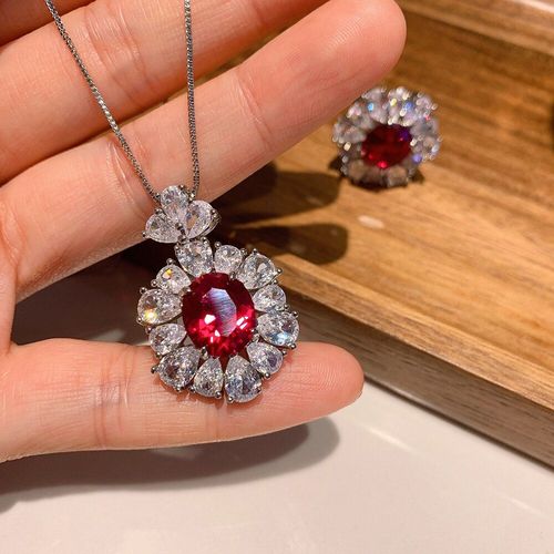 Ensemble De Bijoux Vintage En Argent Sterling 925, Pierres Précieuses Rubis, Haute Teneur En Carbone, Bague, Boucles D'oreilles, Collier Pendentif, Cadeau Pour Femmes