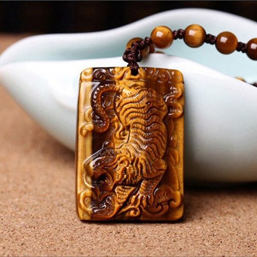 Collier Pendentif En Pierre D'oeil De Tigre Naturelle Chinoise, Breloque Sculptée À La Main, Bijoux Amulette À La Mode, Cadeaux Pour Hommes Et Femmes