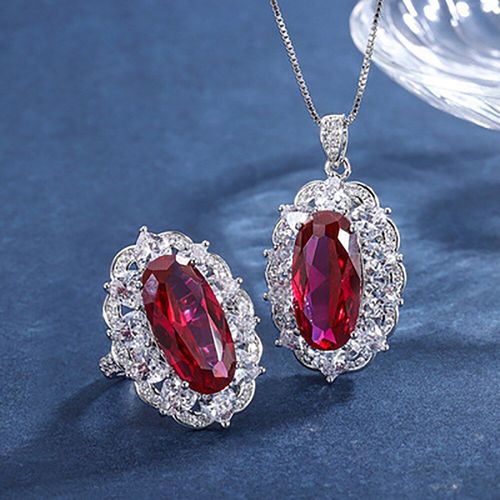 Ensemble De Bijoux De Mariage En Argent Sterling 925, 10x20mm, Pierres Précieuses Rubis, Pendentif, Collier, Bagues Pour Femmes, Diamant À Haute Teneur En Carbone, Cadeau