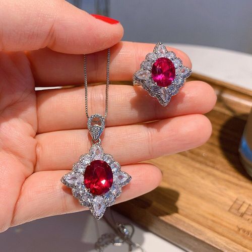 Bagues Vintage En Argent Sterling 925 Et Pierres Précieuses Rubis, Pendentif, Collier En Diamant À Haute Teneur En Carbone, Ensembles De Bijoux Pour Fête De Mariage, Cadeau Pour Femmes