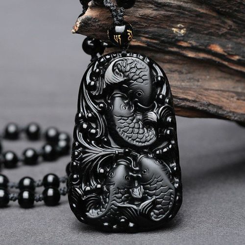 Collier Pendentif En Jade Obsidienne Noire Naturelle, Carpe Sculptée À La Main Chinoise, Breloque Fine, Bijoux Amulette, Accessoires Pour Hommes Et Femmes