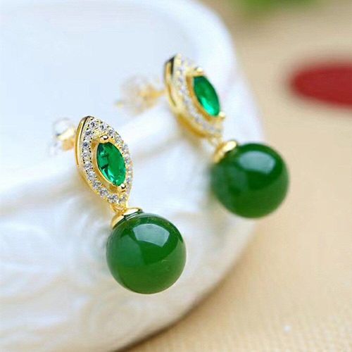 Boucles D'oreilles Vintage En Jade Vert Émeraude Pour Femme, Bijoux En Pierres Précieuses, Couleur Or 14k, Accessoires De Fête