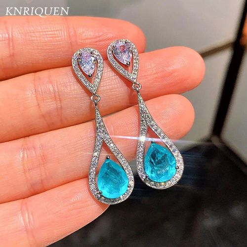 Boucles D'oreilles Uniques En Argent Sterling 925, Paraiba Tourmaline Bleue, Aigue-Marine, Diamant De Laboratoire, Cadeau D'anniversaire De Mariage Pour Femmes