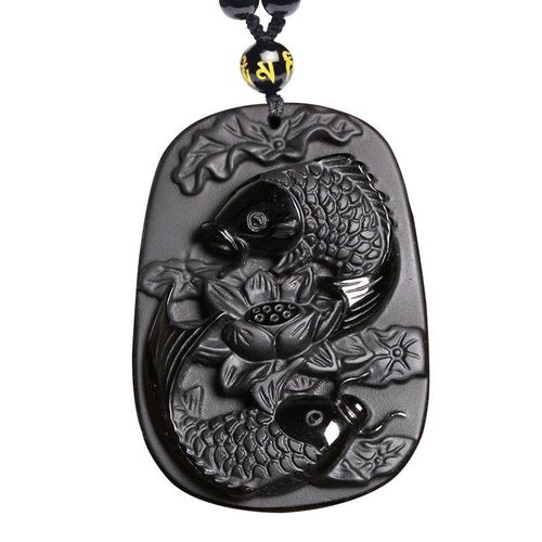 Pendentif En Obsidienne Noire Naturelle, Double Carpe, Perles, Bijoux À La Mode, Amulette Porte-Bonheur, Cadeaux Pour Femmes Et Hommes