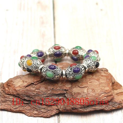 Bracelet En Jade Mosaïque Pour Femmes Et Hommes, Perles Argentées Du Tibet, Accessoires De Mode, Amulette Sculptée À La Main, Cadeaux