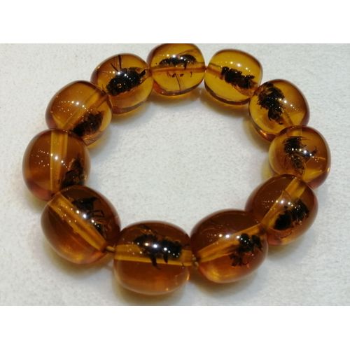 Bracelet En Ambre Avec Insectes Pour Hommes Et Femmes, Bijoux Fins, Perles Naturelles D'ambre D'abeille De La Baltique, Bracelet En Amulette Élastique En Cire De Miel