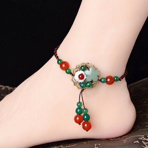 Bracelets De Cheville En Pierre De Jade, Fleur D'émeraude, Bijoux À Breloques, Accessoires De Mode, Amulette Chinoise Sculptée, Cadeaux Pour Femmes