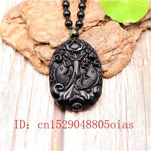 Collier En Obsidienne Noire Naturelle, Pendentif Dragon Carpe, Perles, Bijoux À La Mode, Amulette Poisson Sculpté, Cadeaux Pour Femmes Et Hommes