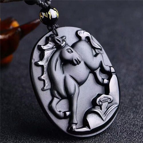 Collier Amulette Cheval Porte-Bonheur, Pendentif En Obsidienne Noire Naturelle, Cristal Du Zodiaque, Bijoux Cadeaux, Livraison Directe