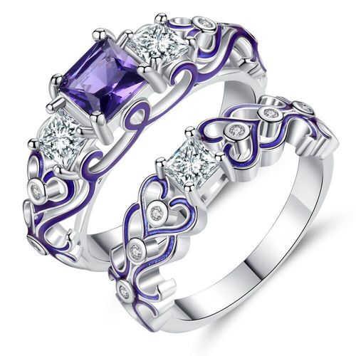 Ensemble De Bagues En Améthyste Pour Femme, Ensemble De Pierres Précieuses Zircon Et Diamant, Cristal Violet, Émail, Couleur Or Blanc, Bijoux De Fête, À La Mode