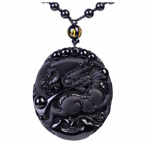 Collier En Perles D'obsidienne Noires Naturelles, Pendentif En Jade Kirin Sculpté À La Main, Bijoux De Bon Augure Pour Hommes Et Femmes, Amulette, Cadeaux
