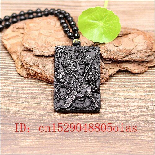Pendentif Dragon Warrior En Obsidienne Noire Naturelle, Collier De Perles, Bijoux À La Mode, Amulette Guangong Sculptée, Cadeaux Pour Femmes Et Hommes