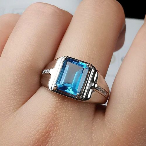 Bagues Carrées En Cristal Topaze Bleu Pour Hommes, Bijoux En Pierres Précieuses, Diamants, Couleur Blanc, Or, Argent, Accessoires Cool, Cadeaux