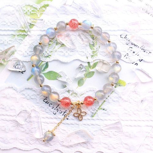 Bracelet En Pierre De Lune Naturelle Labradorite Pour Femmes, Perles En Cristal De Fraise, Bijoux De Guérison, Porte-Bonheur, Énergétique