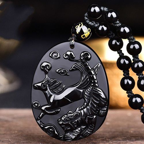 Collier En Perles D'obsidienne Noire Naturelle, Pendentif En Jade De Cheval Du Zodiaque Sculpté À La Main, Bijoux À La Mode Pour Hommes Et Femmes, Amulette De Bon Augure, Cadeaux