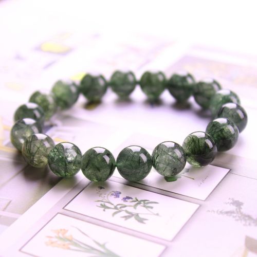 Bracelet Élastique En Pierre Naturelle Véritable Pour Hommes Et Femmes, Perle Ronde En Cristal De Cheveux Verts, Breloque, Gemme De Guérison, Bijoux Fins, Cadeau