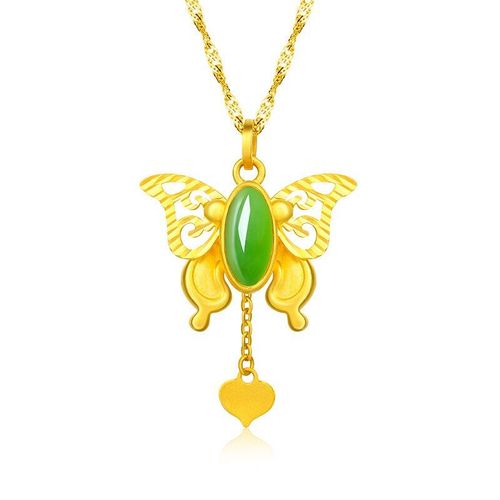Collier Pendentif Papillon, Bijoux À Breloques, Hétian Jade Agate, Argent 925 Naturel Sculpté Amulette Cadeaux Pour Ses Femmes, Vert
