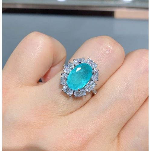 Bague De Luxe En Argent Sterling 925 Pour Femmes, 8x12mm, Paraiba Tourmaline, Pierre Bleue, Diamant Aigue-Marine, Bijoux Fins