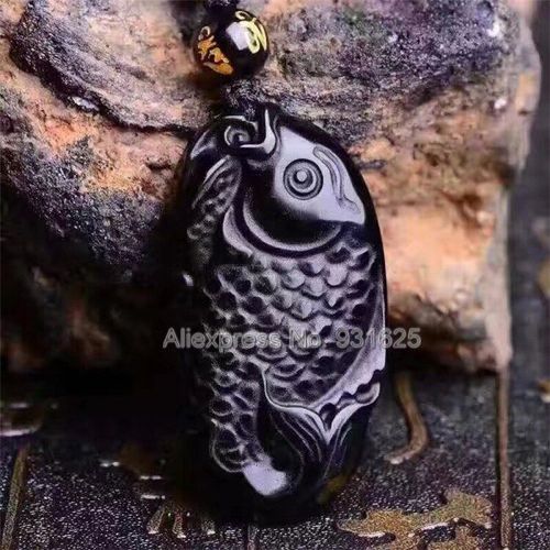 Magnifique Pendentif En Obsidienne Noire Naturelle Sculptée, Poisson Mignon, Bénédiction Porte-Bonheur + Collier De Perles Gratuites, Bijoux En Cristal À La Mode