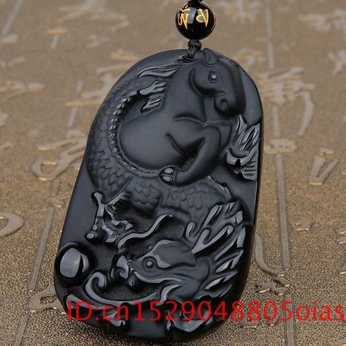 Collier En Perles D'obsidienne Noires Naturelles, Pendentif Dragon Cheval En Jade Sculpté À La Main, Bijoux À Breloques Pour Hommes Et Femmes, Amulette De Bon Augure, Cadeaux