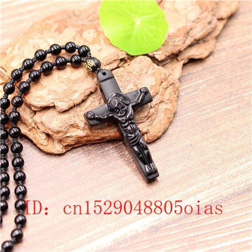 Collier De Perles En Obsidienne Noire Naturelle, Pendentif En Croix, Bijoux À La Mode, Amulette Porte-Bonheur Sculptée À La Main, Cadeaux Pour Femmes Et Hommes