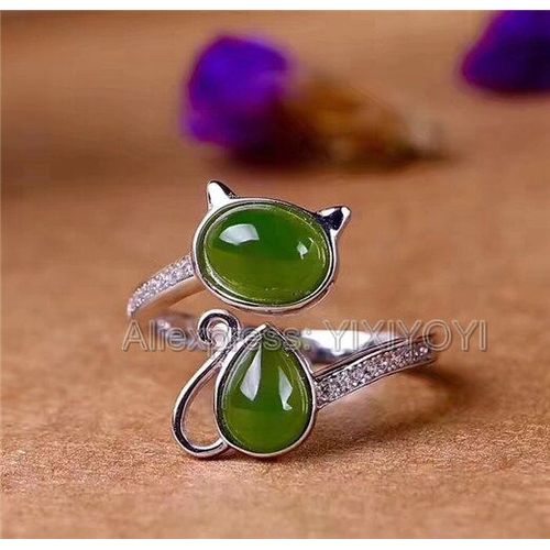 Bague En Argent Sterling 925, Incrustation De Perles De Jade Hetian Vert Jaspe, Style Chat Mignon, Bijou Fin Réglable, Cadeau De Charme Pour Fille