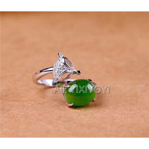 Magnifique Bague En Jade Vert Argent 925, Incrustation De Perles De Jade, Mignon Jaspe, Renard, Design, Breloque Ajustable, Cadeau Pour Fille