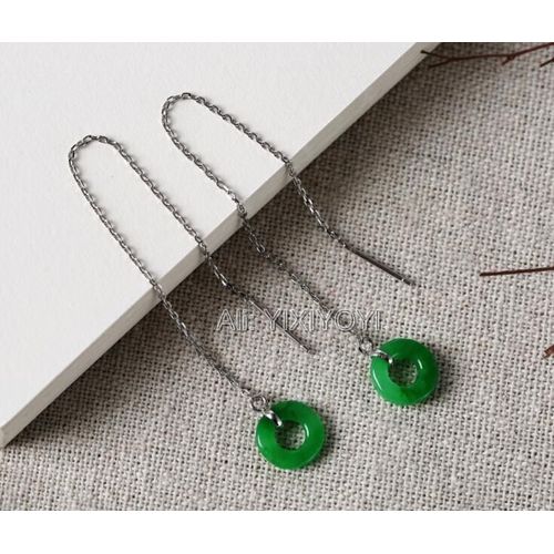 Boucles D'oreilles En Jade Vert Argenté 925, Perles Rondes Creuses, Porte-Bonheur, Breloque Pour Fille, Cadeau, Bijoux Fins