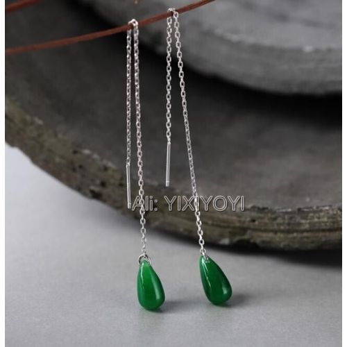 Boucles D'oreilles En Jade Vert, Argent, Chaîne De Perles, Goutte, Porte-Bonheur, Porte-Bonheur, Cadeau Pour Filles, Bijoux Fins, 925