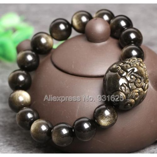 Beau Bracelet Élastique En Obsidienne En Or Naturel, Perles De 8mm À 20mm, Sculpté En Obsidienne, Porte-Bonheur Dragon, Extensible, Bijoux À La Mode