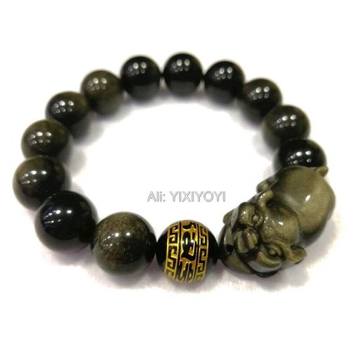 Beau Bracelet En Obsidienne Dorée Naturelle Pour Homme, Cochon Sculpté De 14mm + Perles Rondes Porte-Bonheur, Élastique Extensible, Bijoux À La Mode