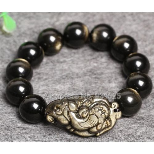 Beau Bracelet Élastique En Obsidienne En Or Naturel, Perles De 8mm À 18mm, Sculpté En Obsidienne, Porte-Bonheur, Bijoux En Forme De Pixiu