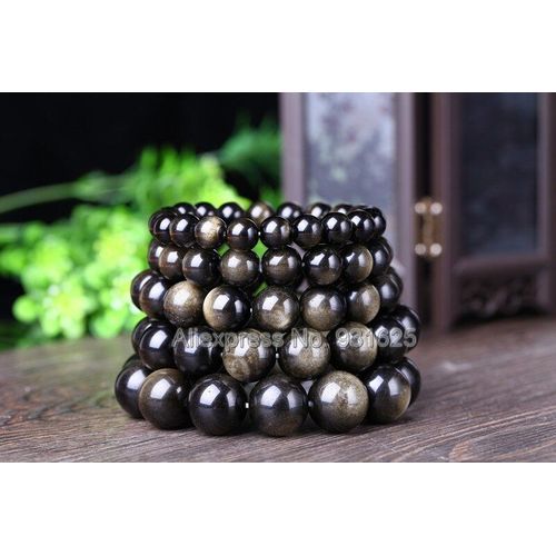 Bracelet En Obsidienne Pour Femmes Et Hommes En Or Naturel, Perles Rondes, Élastique, Extensible, De 8 À 20mm, Porte-Bonheur, Bijou