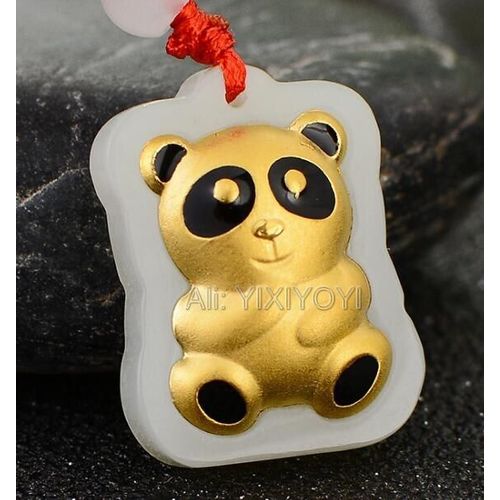 Magnifique Jade Hetian Blanc Naturel + Pendentif Porte-Bonheur En Or Massif 18k + Collier Gratuit, Design Mignon De Bébé Panda, Bijoux Fins